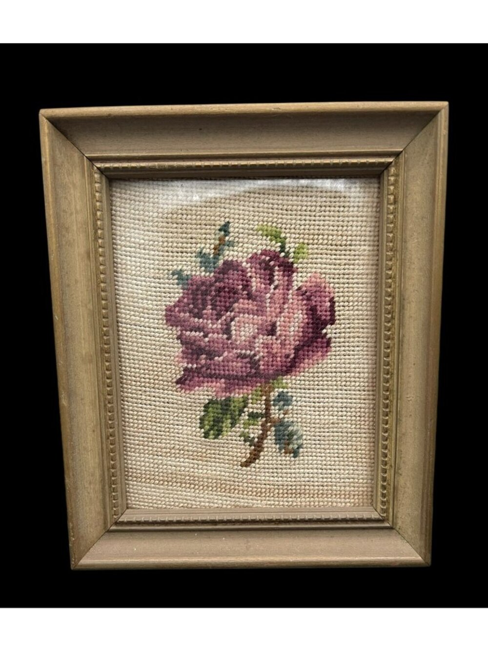 Vintage petit-point rose embroidery in shades of pink and burgundy, w/ green #2